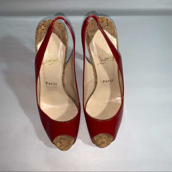 CHRISTIAN LOUBOUTIN size 39 red patent leather peep toe SLINGBACK platform HEELS - Picture 4 of 12